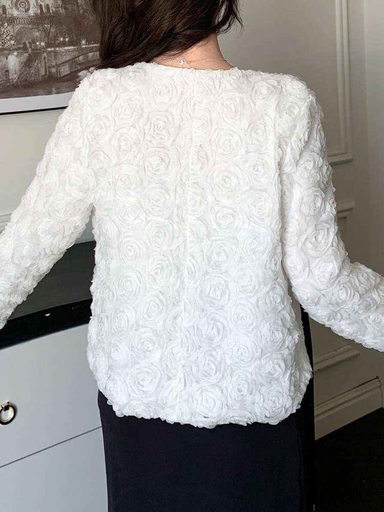 Women's Elegant Plain Textured Round Neck Blouse, Autumn/Winter