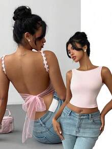 SHEIN PETITE Women's Sexy Tie-Front Backless Cropped Tank Top, Summer - Pink - View 1