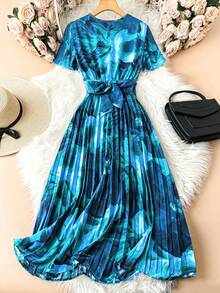 Trelyra Futuristic Floral V-Neck Ruffle Puff Sleeve Bow-Tie Cinched Waist High-Low Hem Long Dress For Tall Women, Summer Maxi Women Outfit - Baby Blue - View 2