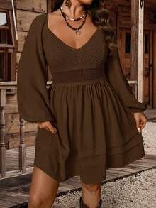 SHEIN Clasi 大码女式休闲连衣裙，灯笼袖，A字廓形，荷叶边装饰 - 咖啡棕 - 查看 5