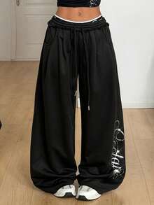 Coolane 女士夏季街头服饰外出休闲运动基本款法国灰色松紧腰直筒裤 - 黑色 - 查看 6