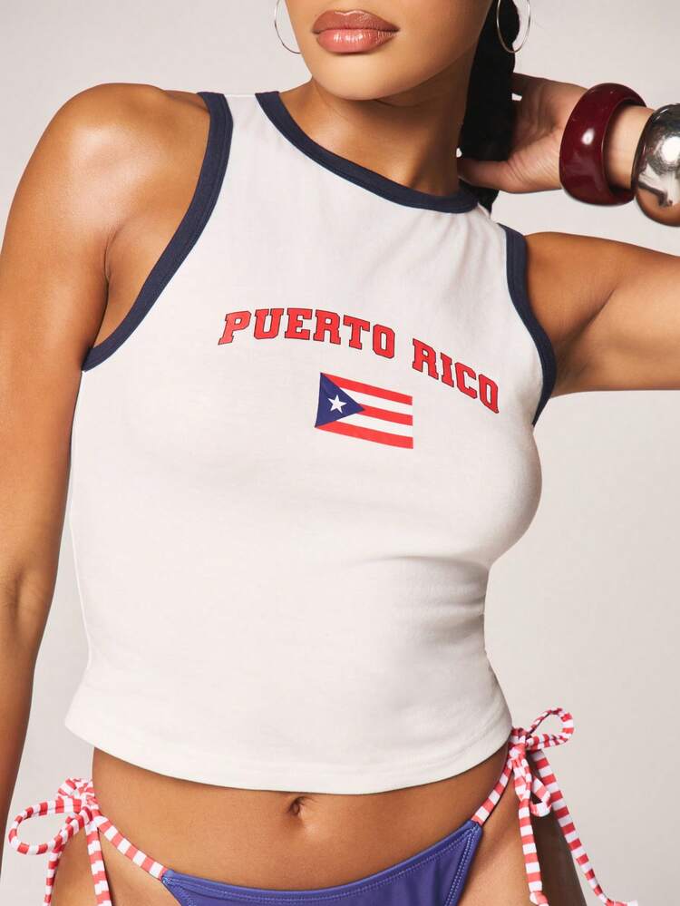 MISSGUIDED Regata com Bandeira de Porto Rico com Impressão de Texto Vermelho e Recorte Contrastante Marinho, Regata Sem Mangas de Verão para Praia, Uso Patriótico, Dia da Independência, 4 de Julho, Casual