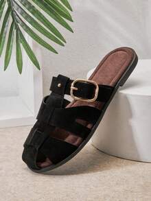 Solezae Women's Vegan Suede Black Buckle Strap Fisherman Slide Sandals – Elegant, Soft & Vacation-Ready. Valentine's Day - Black - View 6