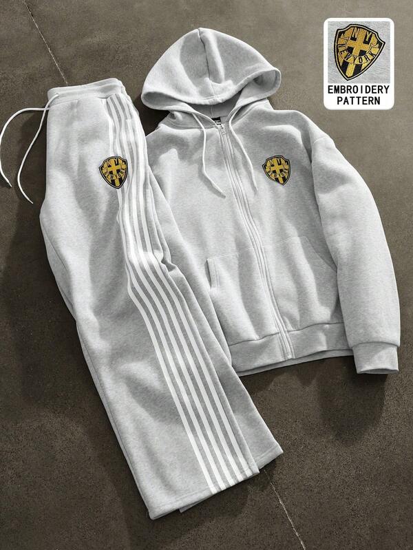  Aesthetic Post--Men's Zipper Front Hoodie And Striped Sweatpants Set, Fall Winter Clothes Mens Sweat Suit Set Designer Sweatsuit Men 2 Piece Set Patched Hoodie Sets Mens Jogger Set