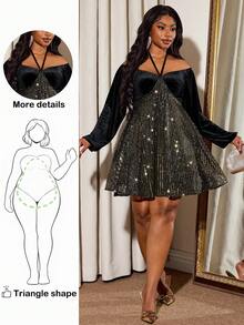 Truni Plus Size Women's Black Velvet A-Line Loose Dress,Black And Gold,Autumn,70's,Party Sequin Sparkly Slay Diva Outfit Curve Birthday New Year 2026 - Multicolor - View 6