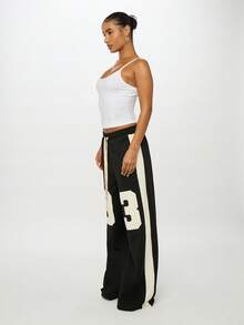 SUMWON 加大码抽绳腰阔腿运动裤，饰有大号数字印花图案 - 黑色 - 查看 4