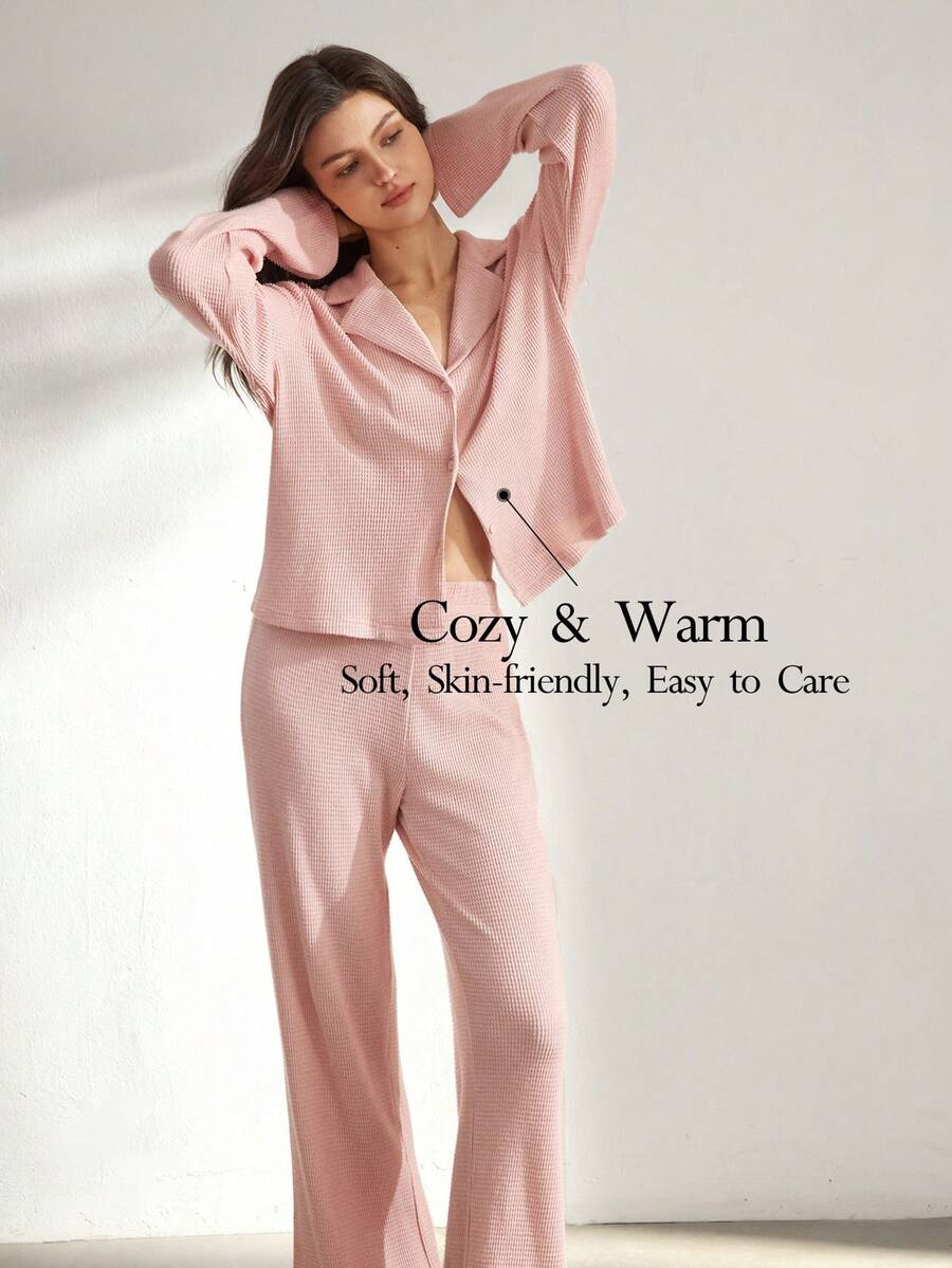 Ocili Soft & Comfortable Waffle Texture Simple Shell Button Baby Pink Long Sleeve & Pants Collar Placket Casual Women Pajama Set - Pink - View 1