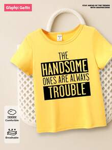 SHEIN 年轻男孩黑色字母印花休闲圆领短袖 T 恤，夏季 - 黃色 - 查看 7