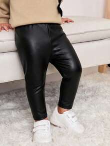 SHEIN Stylish Baby Girl Black Faux Leather Look Long Pants For Everyday Wear