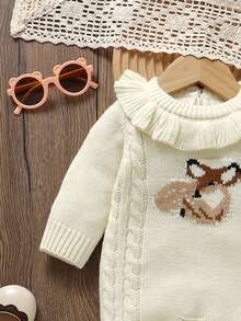 SHEIN 1 bộ quần áo liền thân dệt kim màu hồng cho trẻ sơ sinh, áo liền quần dài tay cổ ren, vải jacquard hình hươu dễ thương, ngọt ngào và thời trang - Màu be - Xem 4