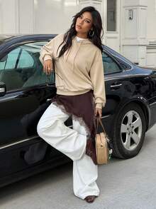 SHEIN EZwear Casual Minimalist "Enjoy" Graphic Print Loose Fit Hoodie Sweatshirt For Women - Khaki - View 5