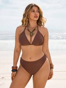 Swim Vcay Conjunto de traje de baño de 3 piezas de talla grande, serie de vacaciones sexy de unicolor de tela especial para mujeres - Multicolor - Ver 3