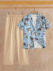 HIMLAND Men's Vacation Casual Party Printed Short Sleeve Shirt And Elastic Waist Pants Set