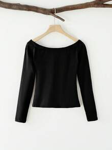 SHEIN BASICS Áo thun dài tay hở vai màu đen, 95% cotton, đơn giản, tối giản, đa năng, ôm vừa vặn, có nơ nhỏ dành cho nữ, phù hợp cho mùa thu/đông, cổ điển, thanh lịch, gợi cảm, dễ thương, thời trang đường phố, cổ điển, trở lại trường học - màu đen - Xem 2