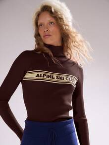 MUSERA 高领“滑雪俱乐部”针织条纹修身套头衫 冬季滑雪度假休闲毛衣 春季 - 棕色 - 查看 2