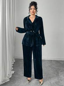Graceveil Plus Size Solid Color Velvet Long Sleeve Suit Set, Elegant For Commuting Abayas - Navy Blue - View 3