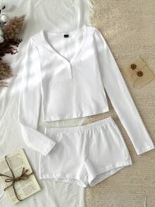 SHEIN EZwear 2 件套女士奶油白色休闲长袖上衣和短裤，干净的女孩风格，沙滩装，家居服，春假，秋冬，基本款分层单品，全年穿着，百搭百搭，柔软女孩风格，休闲修身 - 彩色 - 查看 8