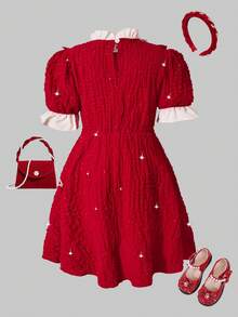 Elladie kids Girls'Elegant Red Summer Satin Lace Trim Yoke Dress,Soft & Comfortable Short Sleeve Party Dress For Birthdays,Christmas,Casual & Various Occasions - Red - View 2