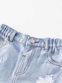 SHEIN 男童浅蓝色做旧毛边时尚休闲牛仔短裤，夏季