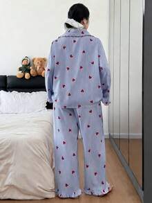 Dream Adore Plus Size Women Mushroom Collar Striped Heart Print Pajama Set Valentine's Stripe Pajama Set - Multicolor - View 2