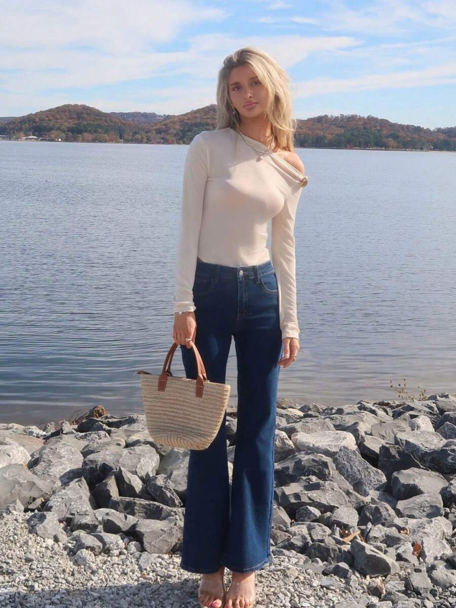 Sydney Algeri 女式休闲日常斜口袋紧身喇叭牛仔裤 - 深色水洗藍 - 查看 1