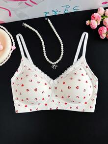 1pc Women's Heart Print Contrast Lace Wireless Bra - White - View 1