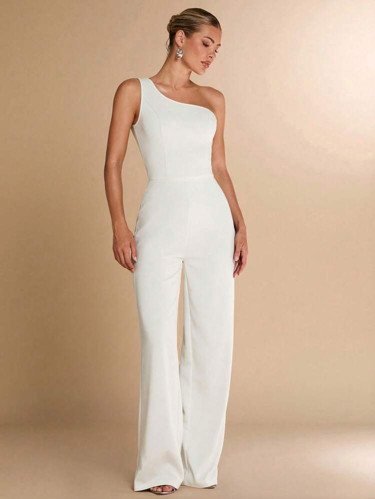 SHEIN BAE Elegant Women's Asymmetrical Shoulder Jumpsuit, Suitable For Daily Dates, Outings, Gatherings, Parties, Autumn - White - View 6