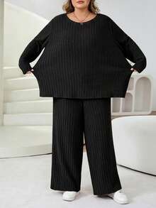 SHEIN CURVE+ Bộ đồ hai mảnh gồm áo phông và quần dài cỡ lớn dành cho nữ, Bộ đồ hai mảnh thường ngày/2026/Năm mới - màu đen - Xem 8