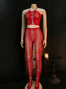 ChaseTheNight 2pcs Women Bow Decor Camisole And Fishnet Stockings Sexy Lingerie Set - Red - View 6