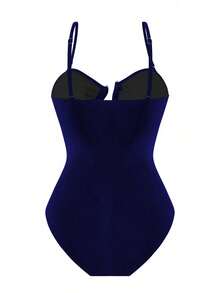 Swim Oasis 2026 New Women's Solid Color 2-Piece Strap Hollow Out Swimsuit With Mesh Maxi Skirt, Summer Casual One Piece Swimsuit Set Navy Blue Outfit Women Swimwear 3 Pieces Set Navy Blue Skirt Navy Blue Swimsuit Women's Navy Blue Outfit - Blue - View 4