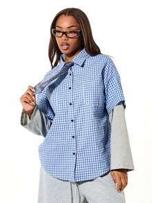 SUMWON WOMEN Blusa de botones con cuello, de manga corta, de doble capa y sobredimensionada, con estampado de cuadros, para uso casual en primavera y verano - Azul - Ver 1