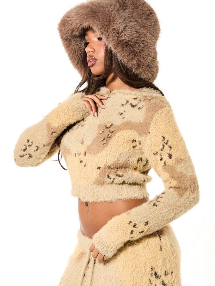 SUMWON WOMEN Fuzzy Leopard Print Hooded Cardigan
