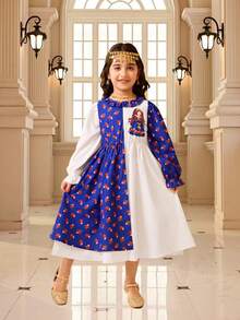 1pc Girls Ditsy Floral Blue Dress With White Long Sleeve, Fashionable, Elegant, Versatile, Retro, Suitable For Outdoor Play, Parties, Gatherings, Summer - Purple - View 1