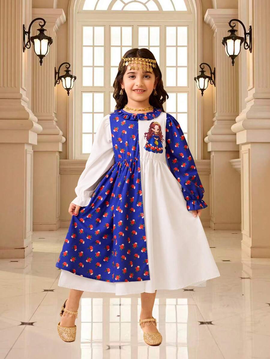 1pc Girls Ditsy Floral Blue Dress With White Long Sleeve, Fashionable, Elegant, Versatile, Retro, Suitable For Outdoor Play, Parties, Gatherings, Summer - Purple - View 1
