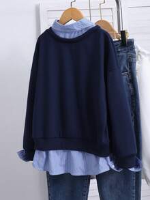 SHEIN 少女休闲韩版卫衣，棕色格子前片搭配灰色纯色针织面料，黑色英文印花，罗纹领口/袖口/下摆，长袖套头衫，适合春、秋、冬三季上学、外出和聚会穿着。 - 藏蓝色 - 查看 2