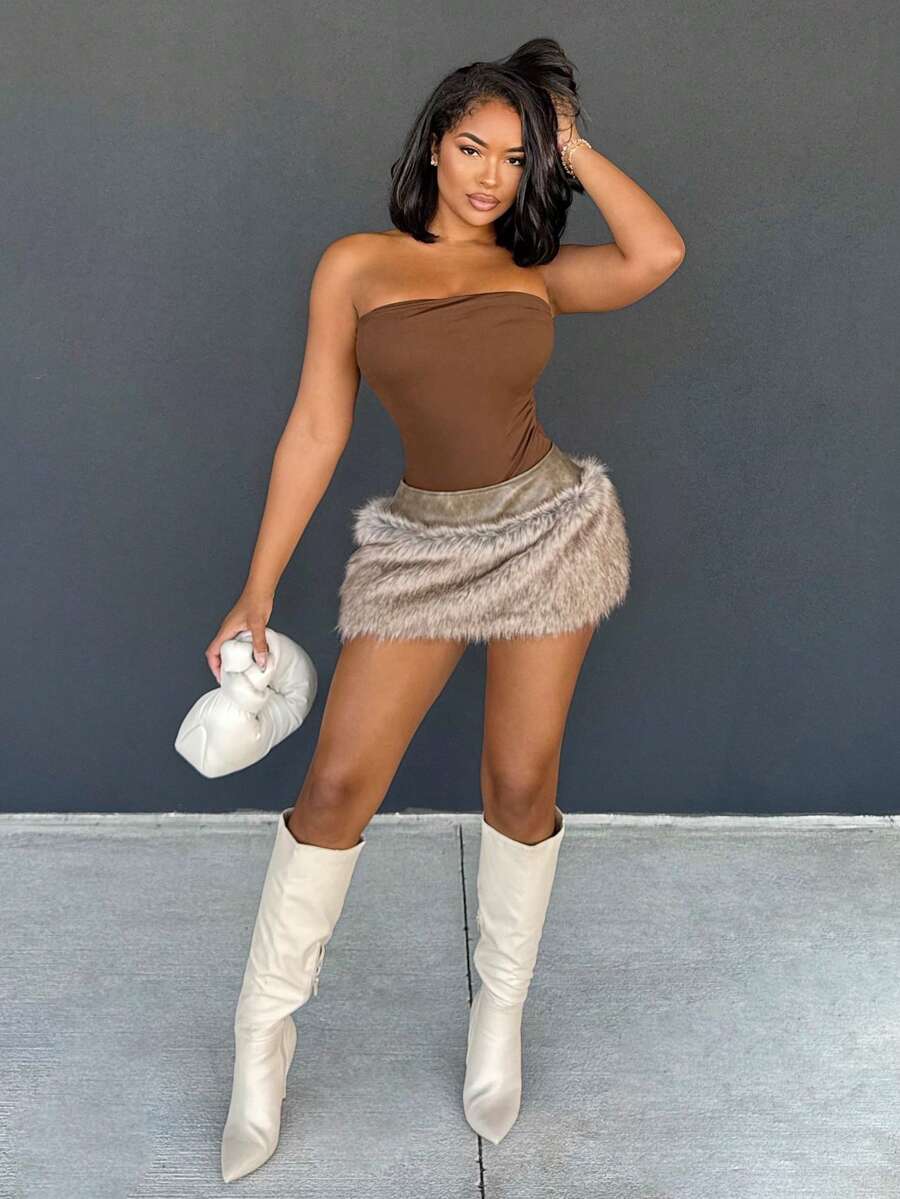 Alexandranx 女士秋冬新款人造毛皮拼布裙 - 棕色 - 查看 1