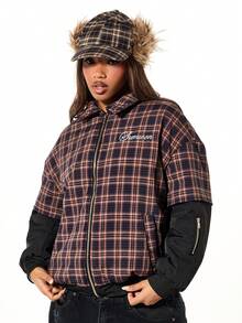 SUMWON WOMEN Two In One Mock Layered Plaid Bomber Jacket With Contrast Sleeves Fall Winter Casual Outerwear - Multicolor - View 1