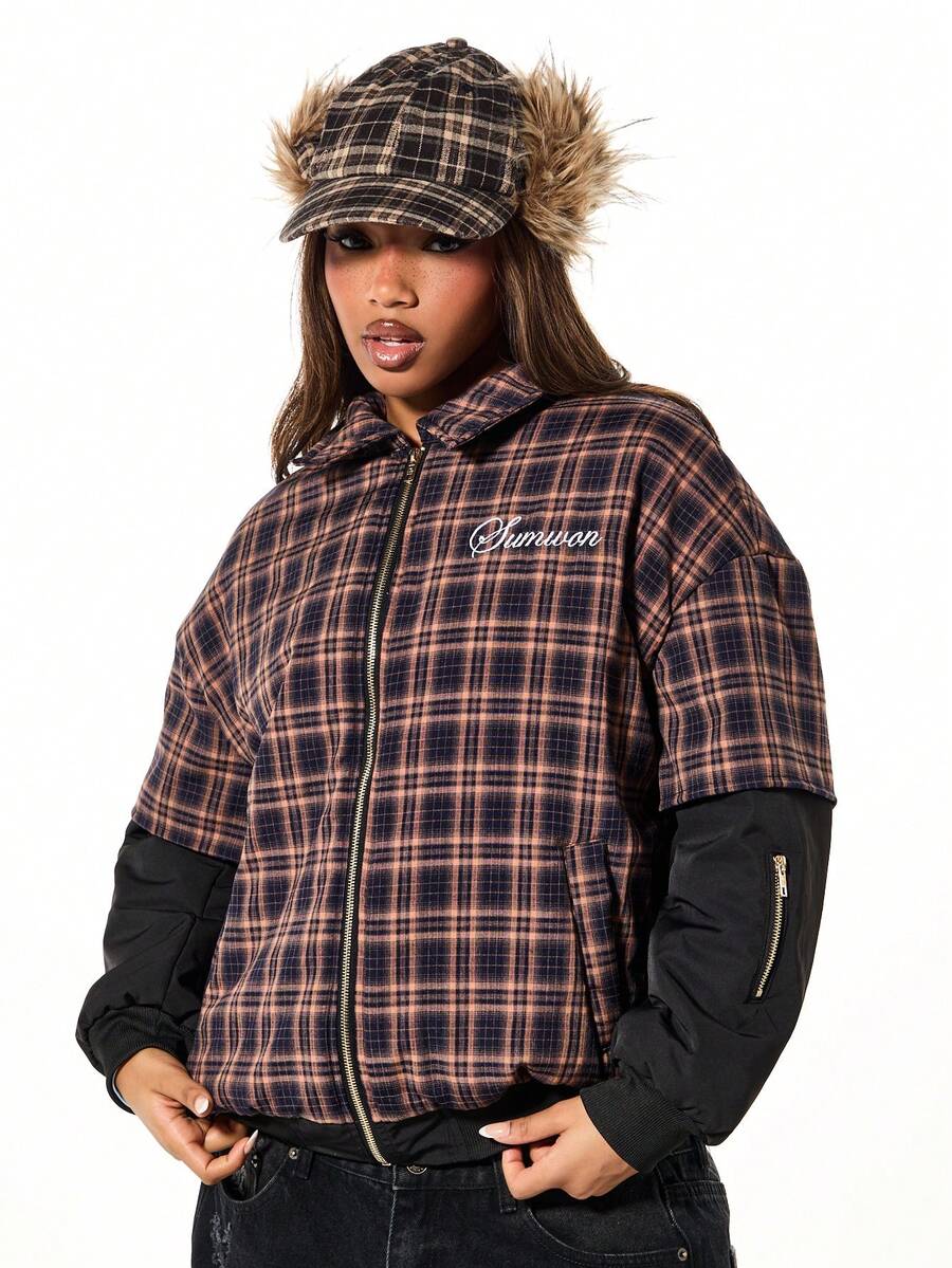 SUMWON WOMEN Two In One Mock Layered Plaid Bomber Jacket With Contrast Sleeves Fall Winter Casual Outerwear - Multicolor - View 1