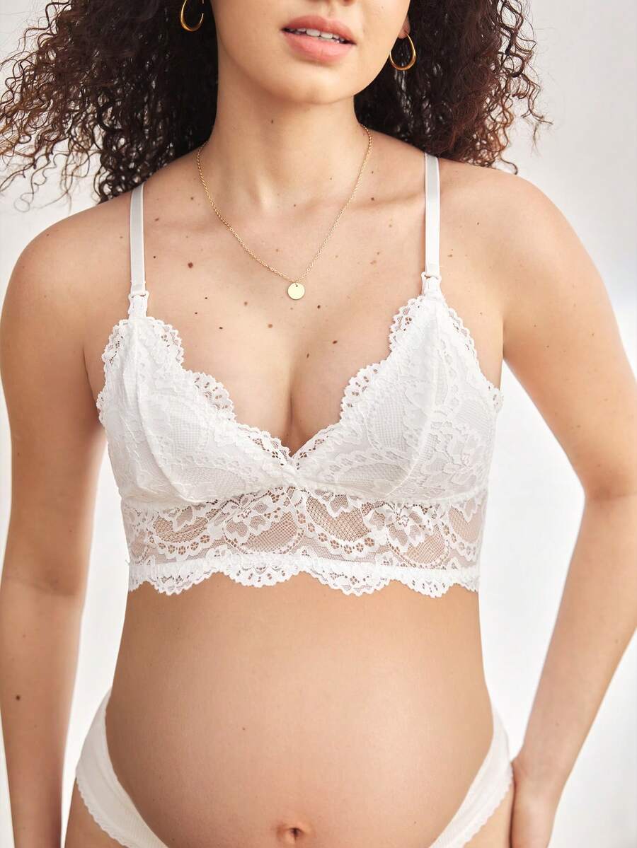 Lace Nursing Bra, Triangle Cup, Unlined, Wireless - White - View 1