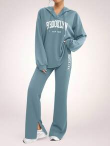 Veilorie 2pcs Women Casual Letter Print Drawstring Hooded Sweatshirt And Pants Set, Autumn 2 Pieces Set - Blue - View 2