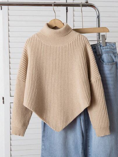 SHEIN 少女休闲纯色不对称斗篷毛衣，秋冬季