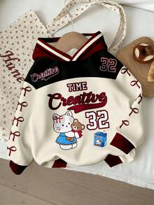 GraphicGems 1件装女童休闲简约卡通猫咪数字印花连帽卫衣，蝴蝶袖设计，适合秋冬季穿着。 - 彩色 - 查看 2