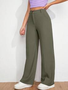 SHEIN Cottnline Casual Versatile Solid Color Straight Leg Pants Office Army Green Autumn - Army Green - View 3