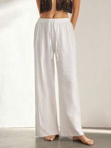 Ocili Women's Loose Fit Bamboo Knit Drawstring Ankle Length Pants, Comfortable Cotton Loungewear Bottom - White - View 3