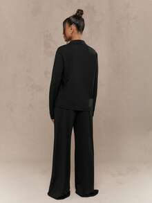 MISSGUIDED 舒适长袖纽扣领衬衫和阔腿裤睡衣家居服套装，适合放松休闲 - 黑色 - 查看 2