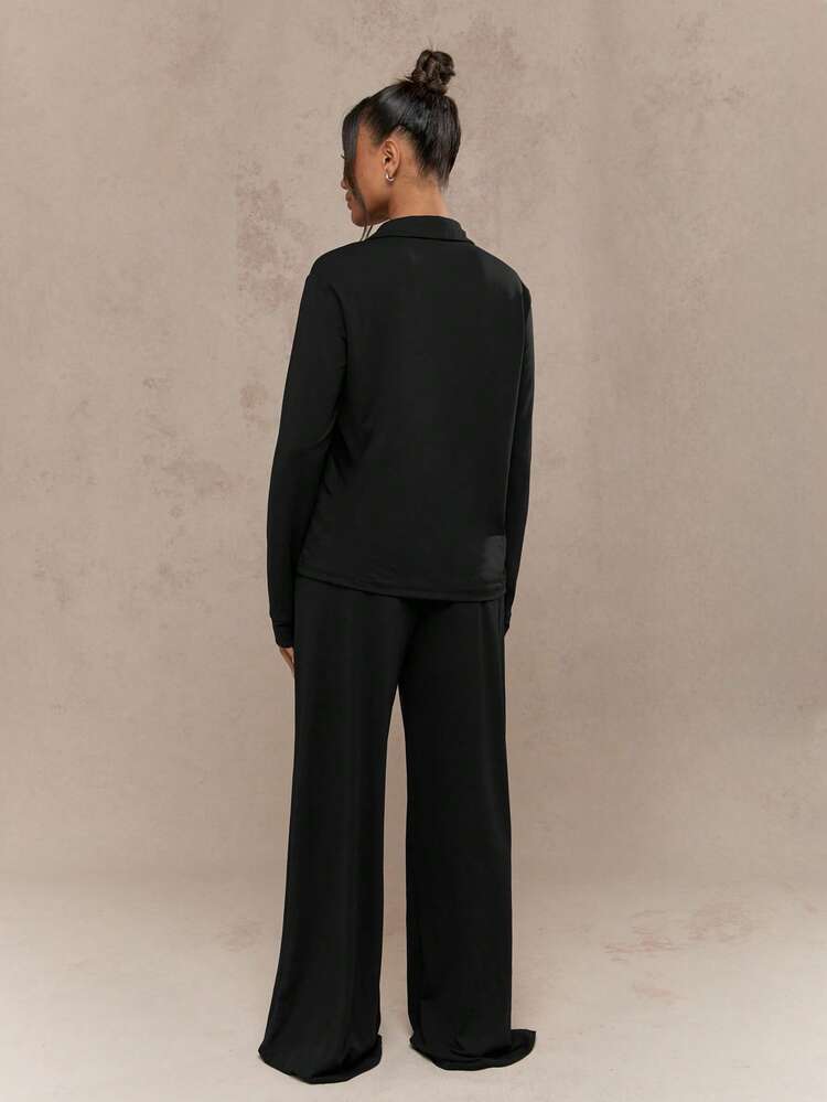 MISSGUIDED Ensemble de pyjama confortable avec chemise à manches longues boutonnée col et pantalon à jambes larges pour la détente