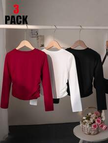 Bộ 3 áo thun dài tay cổ tròn in họa tiết nơ cho bé gái, áo thường ngày mặc hàng ngày, mùa thu - Màu Đỏ Sâu - Xem 2