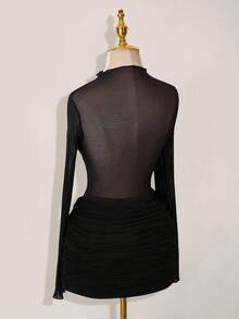 SHEIN PETITE CURVE Plus Size Women Solid Color Ruched Sexy Long Sleeve Sheer Mesh Dress - Black - View 7