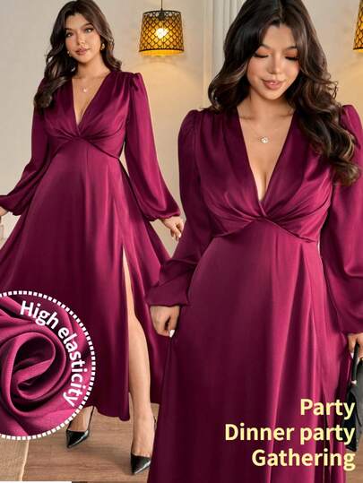 Vionelle Vestido de manga larga con cuello en V profundo y nudo retorcido para mujer de talla grande, vestido elegante formal de fiesta, noche y romántico con abertura alta
