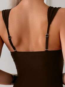 Swim Chiccia Women's Sexy Hollow-Out Solid Color One-Piece Swimsuit, Summer - Coffee Brown - View 5